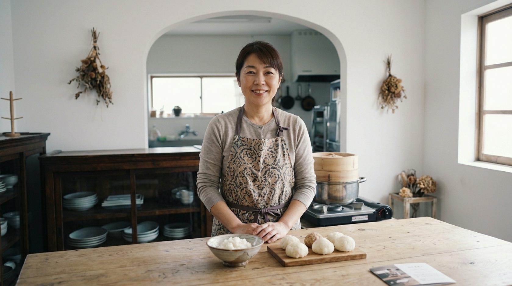 キッチンに立つエプロン姿の女性