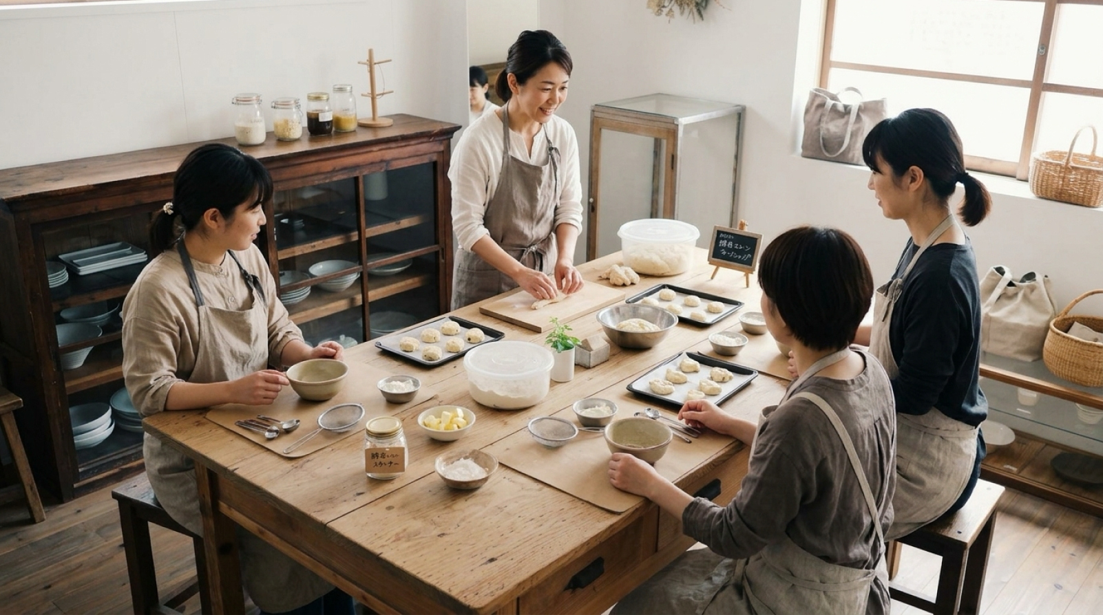 4人の女性が同じテーブルを囲んでお菓子作りをしています